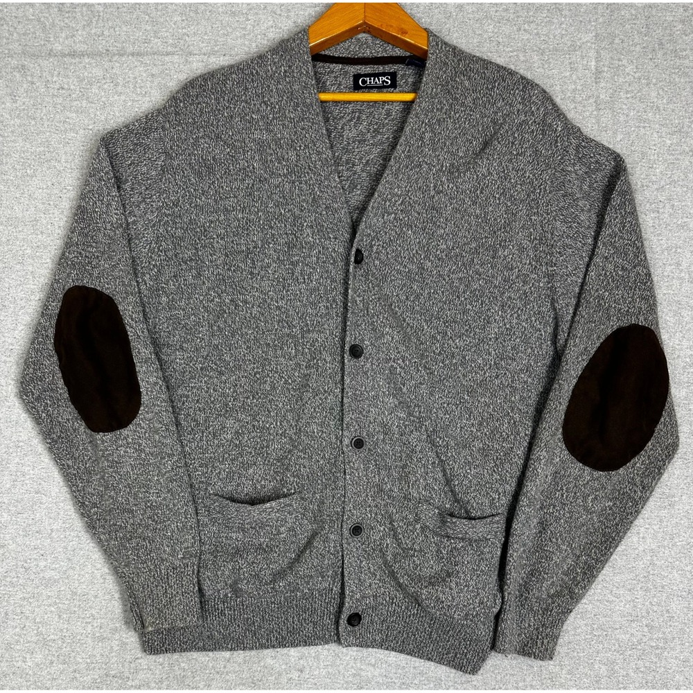 Cardigan Sweater XXL Gray Marled Knit Elbow Patches Cotton Button Front Chaps